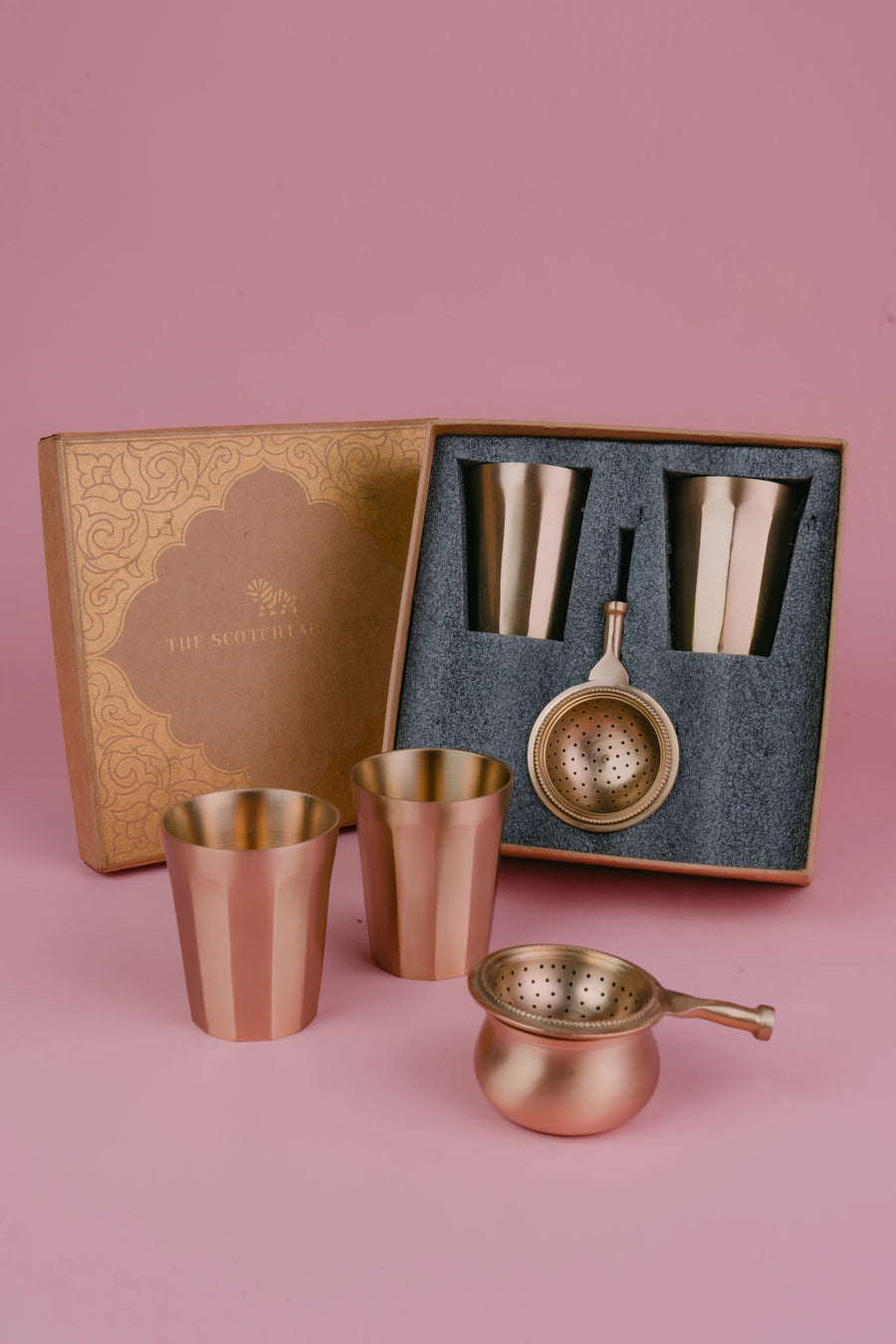 Kaanchi: Brass Tea Stainer + 2 Glasses