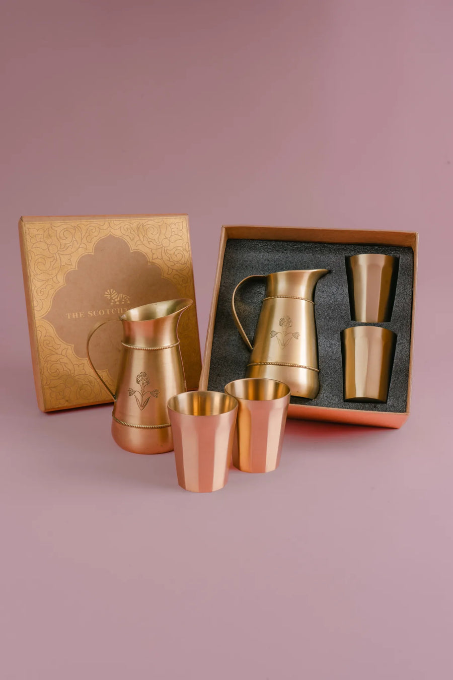 Kaanchi: Brass Etched Jug + 2 Glasses