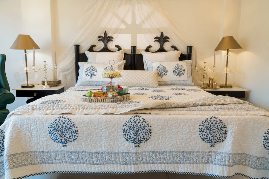 Khwabgaah : Indigo Flora Bed Cover + 2 Pillow Cases