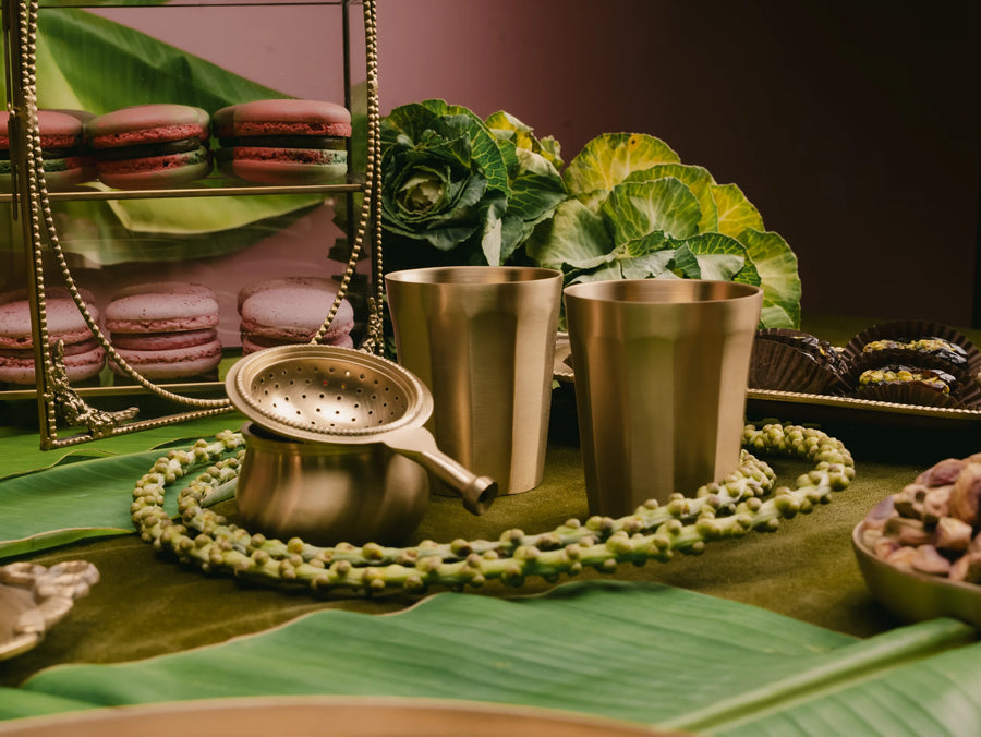Kaanchi: Brass Tea Stainer + 2 Glasses