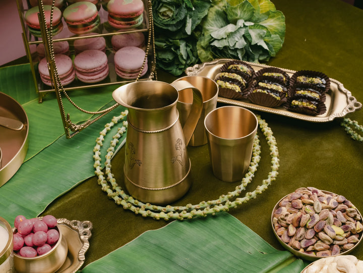 Kaanchi: Brass Etched Jug + 2 Glasses