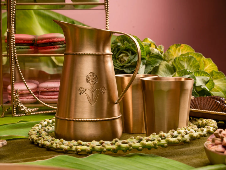 Kaanchi: Brass Etched Jug + 2 Glasses