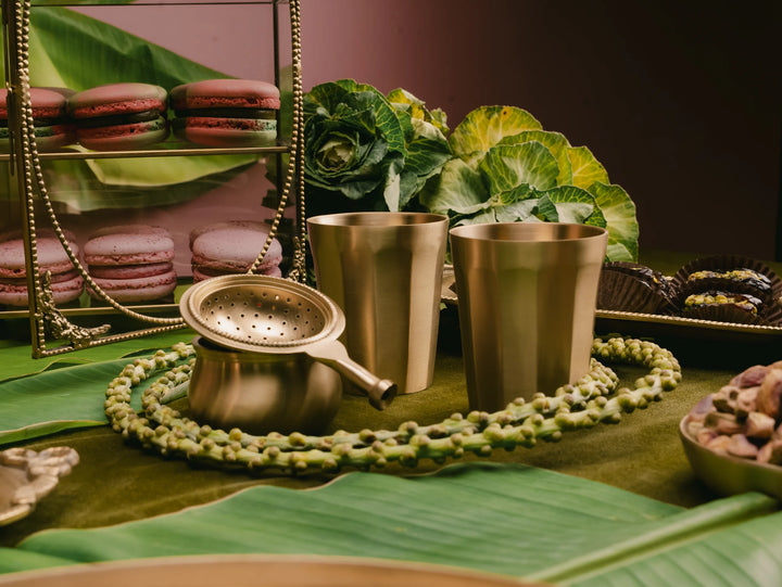 Kaanchi: Brass Tea Stainer + 2 Glasses