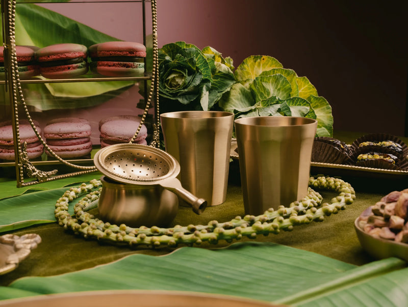 Kaanchi: Brass Tea Stainer + 2 Glasses